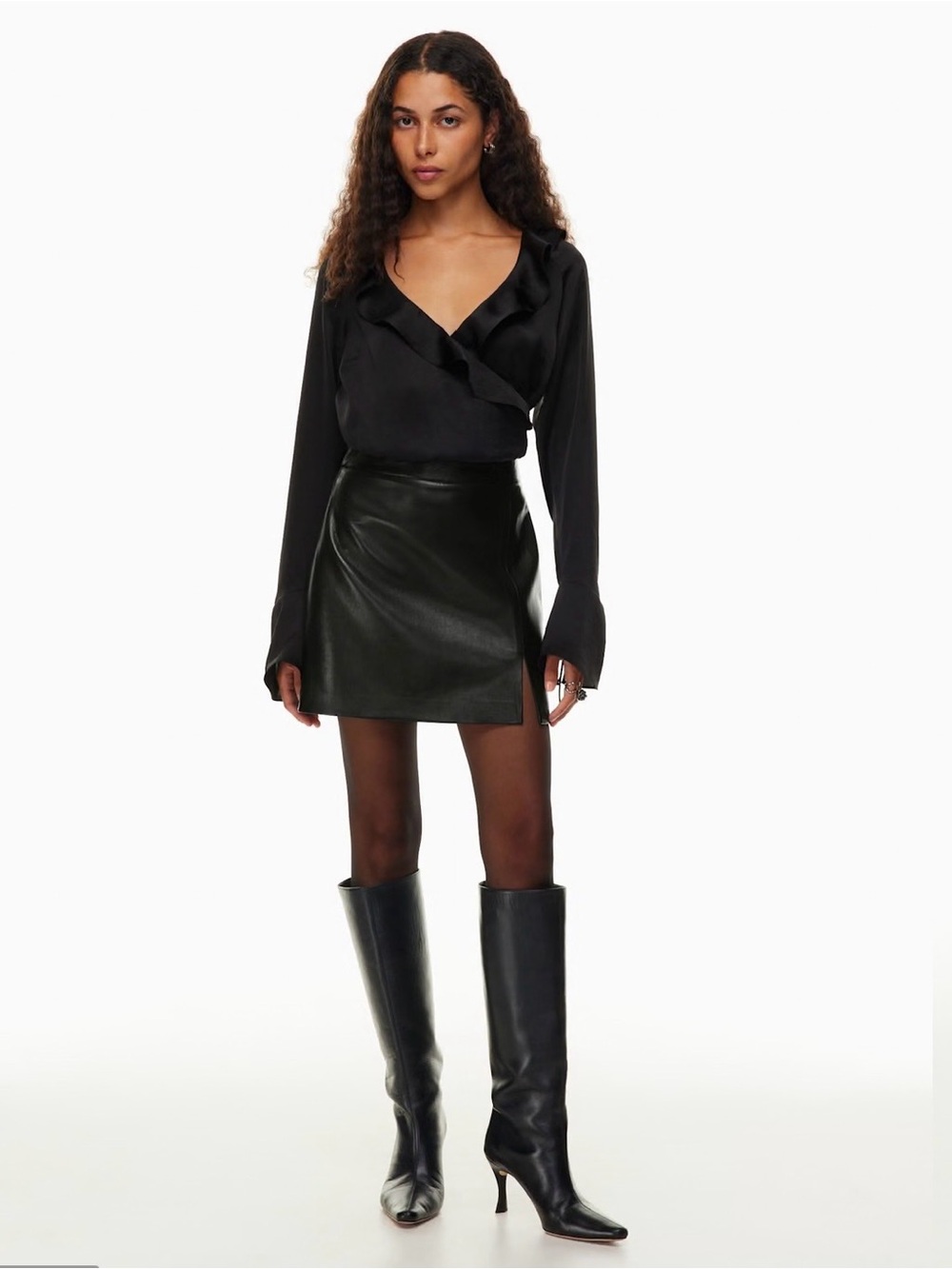 Wilfred Patio Mini Skirt Black Leather Mini Skirt with Subtle Front Slit